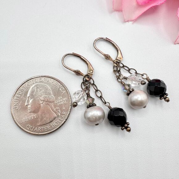 925 Silver Pearl Crystal Glass Beaded Dangle Cha Cha Earrings Black White Boho - Picture 8 of 12
